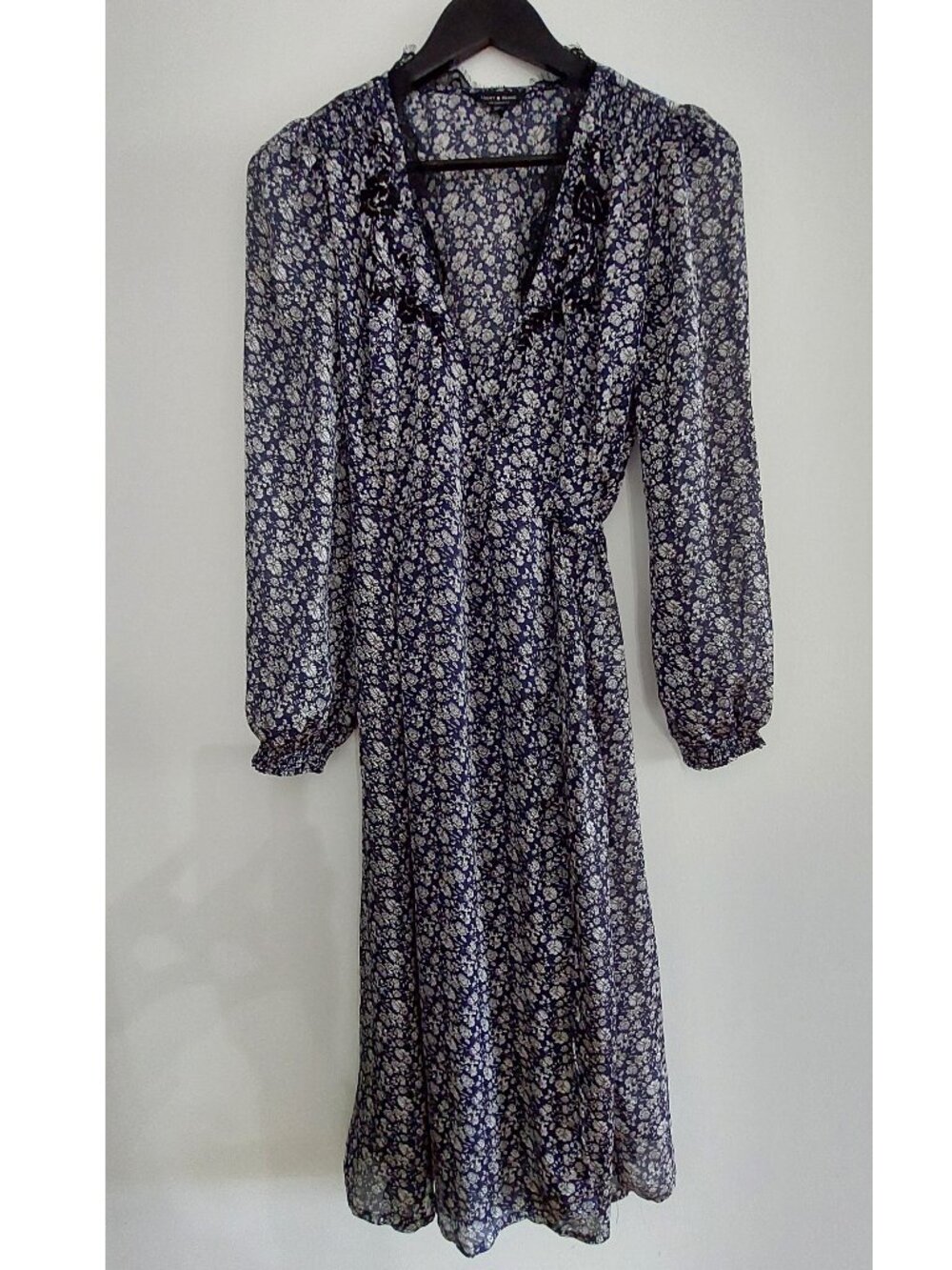 Lucky Brand Sz S Semi Sheer Vintage Boho Navy Floral Print Wrap Midi Dress
